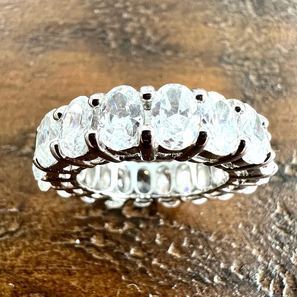 Sterling Silver New 18 Oval CZ Crystal Sz 6.75 Rhodium Plated Eternity Band Ring
